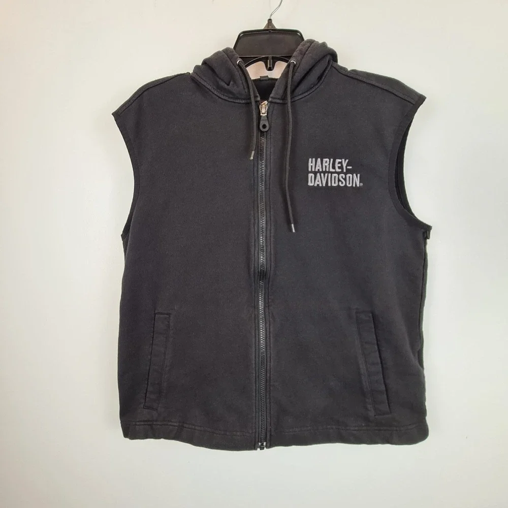Harley Davidson‎ Womens Black Sleeveless Full Zip Hoodie Vest Size Medium Logo